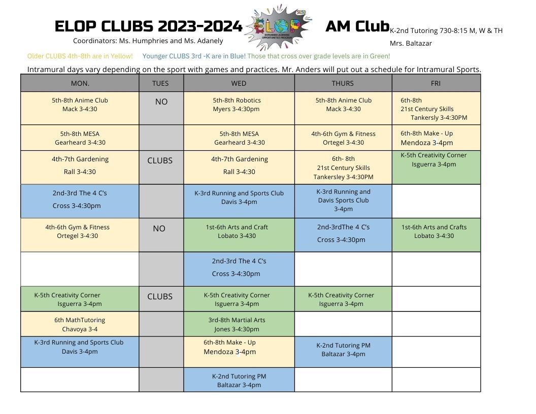  ELOP Club Schedule