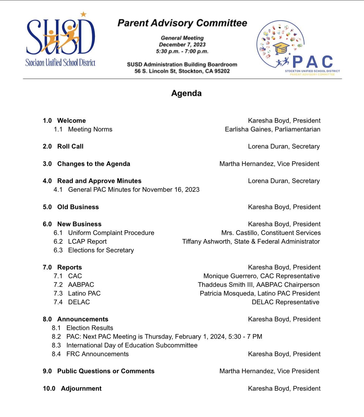  Parent Advisory committee Dec 7 Agenda