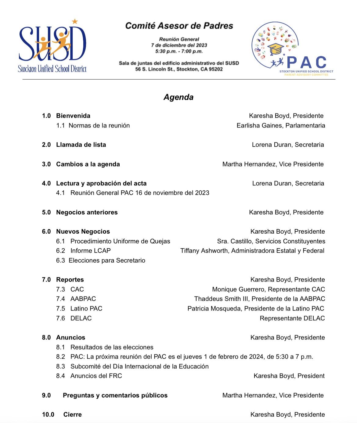  Parent Advisory committee Dec 7 Agenda