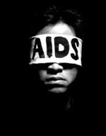 person blindfolded with AIDS written on blindfold 